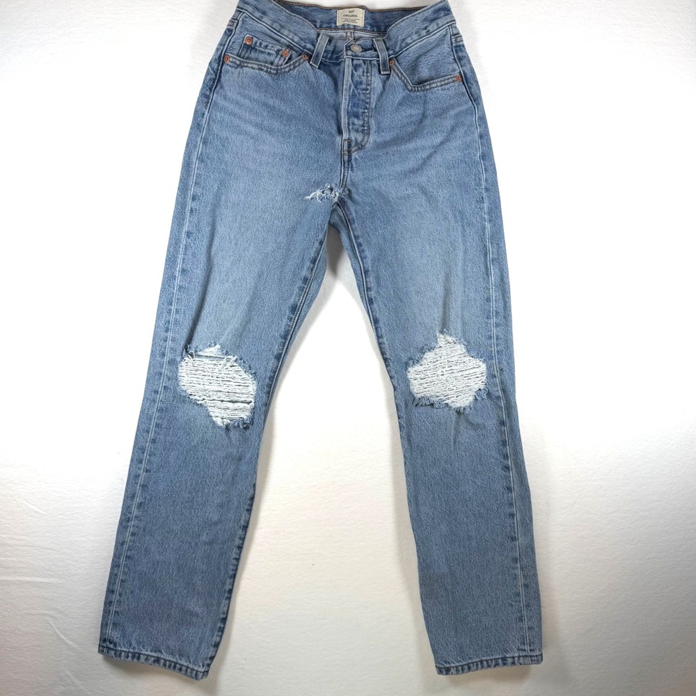 Levis 501 Original High Rise Straight Leg Distressed Jeans Light Wash W24 L30